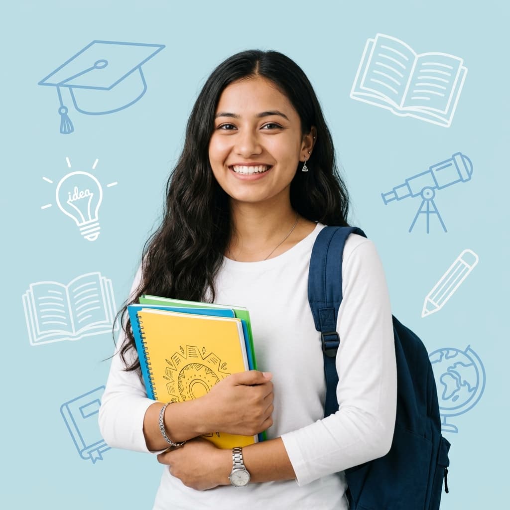 Student with books and educational line icons